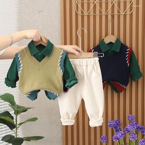 Set di abbigliamento Moda Autunno Bambini Ragazzi Ragazze Gentleman Bambini Maglione Gilet Giacca Strisce T-shirt Pantaloni 3 pezzi / set Tuta bambino