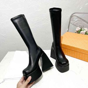 Stövlar High Tube Spice Girl New Super Heel Thick Sole Square Head Elastic Kne Length 220920