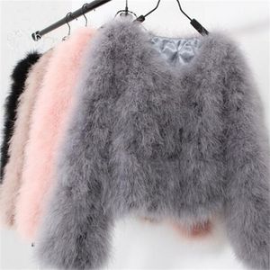 Women's Fur Faux sexy Ostrich wool turkey real fur women black coat genuine feather short plus size 5XL 7XL winter festival long sleeve jacket 220919