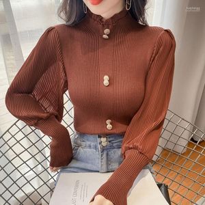 Kvinnors tröjor Kvinnor 2022 Autumn Winter Kvinnliga tröja Pleated Lantern Sleeve Stitching Sticked Vintage Tops Beading Black Brown
