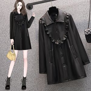 Damenjacken Damen Big Yards Kleid Fat Younger Sister Female Herbst 2022 Der schwarze Ledermantel in modischer lockerer langer Jacke