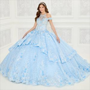 Light Sky Blue Lace Ball Gown QuinCeanera Dresses Appliced Halter Halsringning Tärbror Promklänningar Tiered Sweep Train Sweet Masquerade Dress