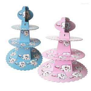 Forniture festive Alzata per torta con dente rosa a 3 livelli Porta cupcake blu Baby Show Decorazione per rack per bambini Compleanno