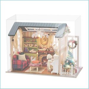 Party Decoration Diy Christmas Miniature Dollhouse Kit Realistische Mini d houten huiskamer vaartuig met meubels LED lampen