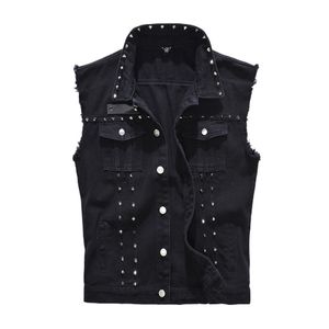 Gilet da uomo Gilet di jeans da uomo Punk Rock Rivetto Cowboy Jeans neri Gilet Moda uomo Giacca di jeans senza maniche stile moto M-5XL 220919