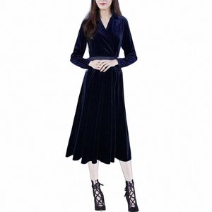 Abiti casual Autunno Fashion Design Office Lady Dress Women Women Royal Blue Velvet Long Sleeve Slim Elegant Vintage Midi W9KT