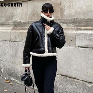 Kvinnors jackor vinter kvinnor rockar faux shearling fårskinn kappa retro motorcykel fleece kvinna kort ytterkläder 220919