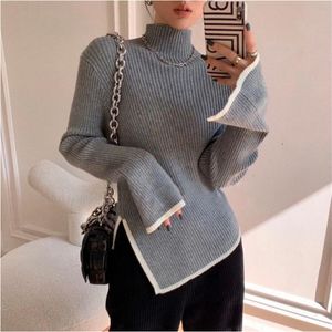 Kadın Sweaters Belveyt Bekleme Kadın Kazak Sonbahar Kış Kış Side Slit Kazak Üstler Kore Moda Örgü Sweaters Uzun Kollu Temel 220920