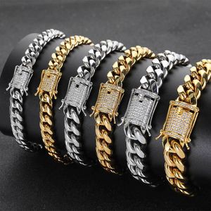 6mm-14mm Hip Hop Cuban Chain Bracelet Full Zircon Dragon Buckle 18K Real Gold Plated Cool Men Bangle Jewelry