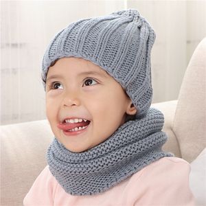 Beanieskull Caps Multicolor Hat and Scarf For Children Solid Acrylic Kids With a Stick Girls Boy S Scarves Set Winter Accessories 220920