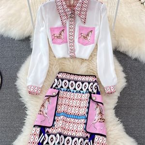 Zweiteiliges Kleid Fashion Runway Sommer Rock Anzug Damen Bluse mit Pferdegeometrie-Print und A-Linien-Taschenknöpfen 2 Set 220919
