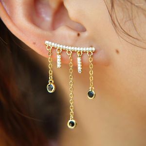 Stud Earrings Luxury Women Black Clear Cubic Zirconia Ear Cuff Climber Tassel Chain Fashion Gold Color Cz Earring