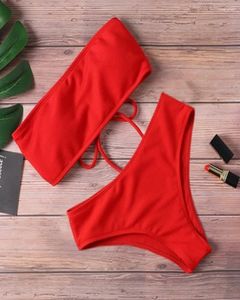 Damen-Bademode, zweiteiliger Badeanzug für Damen, sexy Bikini, Badeanzüge, trägerlos, Schwarz, Rot, Gelb, hohe Taille, Strandkleidung, Bandeau, Rosa, einfarbig