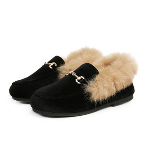 Sneakers Kids Fur Shoes Children Velvet Baby Girls Warm Flats Toddler Black Brand Princess Loafer Chain Moccasin For Winter 220920