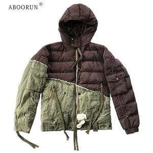 Mens Down Parkas ABOORUN Vintage Army Patchwork Duck Hooded Jacket Original Loose Cotton Warm Coat for Male 220919