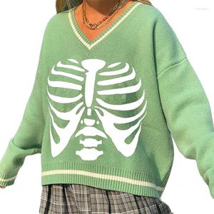 Women's Sweaters Women's Women Color Block Skeleton Print Sweater Long Sleeve V-neck Pullover Autumn Loose Casual Knit Tops