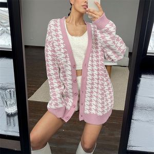 Women s Knits Tees MEIYANGYOUNG V Neck Knitted Cardigans Sweater Pink Houndstooth Cardigan Long Sleeve Fashion Autumn Oversized Jumper 220919