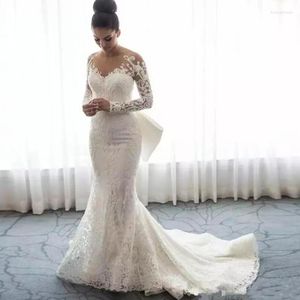 Casual Dresses Elegant Lace Mermaid Wedding Gowns Sheer Neck Long Sleeves Detachable Train Saudi Arabic Bridal Women