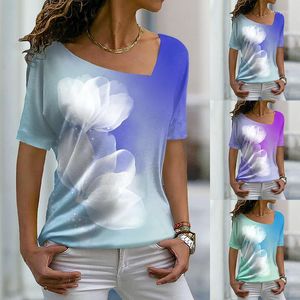 Women's T Shirts 2022 Summer Women's Floral Theme 3D Printed Painting V Neck Female Tops Pullover Basic Streetwear Design