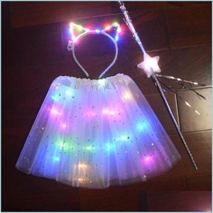 Decorazione per feste Ragazza di Natale Bambini Neon Led Tutu Gonna Stage Dance Wear Layered Tle Light Up Abito corto per 2-8 anni Cat Drop Dht8H
