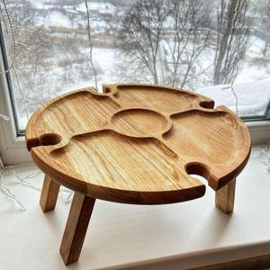 Camp Furniture Klappbarer Picknick-Weintisch aus Holz für den Außenbereich mit Halterung, 2-in-1-Glasregal, Wandern, Camping, Garten, runder Schreibtisch, einziehbare Beine