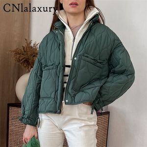 여자 다운 파카스 cnlalaxuryspringautumn 패션 녹색 스탠드 목 자켓 캐주얼 한 느슨한 싱글 브레스트 포켓 장식 여성 탑 220924