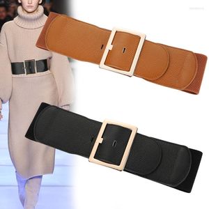 Belts Lady Wide Big Rectangle Gold Pin Buckle Midjeband Äkta läder överrock elastiska cummerbunds för kvinnoko klänningstillbehör