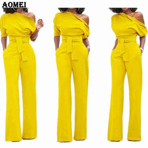 Casual Kleider Frauen Overall Eine Schulter Mit Schärpen Taschen Officewear Strampler Combinaison Mode Weibliche Overalls Für Elegante Dame Kleidung Y19060501