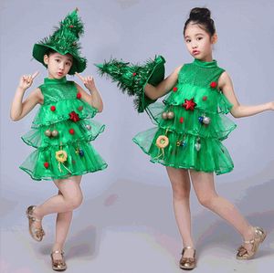 Christmas Baby Girls Clothes Sets Green Spirit Kindergarten Performance Clothes Costume Hat And Xmas Tree Dresses 2Pcs Set Kids Clothing