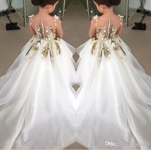 Nya designblomma flickor klänningar 2023 för bröllop långa ärmar guld paljetter pageant festklänningar första nattvardsklänning för barn tonåring ba3079 gb0920