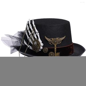 Berets Gothic Hat Men Tops Steampunk Cosplay Punk Party Head Wear Fedora Skull Hand Gear Veil Chain Halloween Accessories