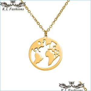 Pendant Necklaces Fashion Stainless Steel Necklace Pendant World Map Chains Statement Necklaces Sier Rose Gold Globe Travel Jewelry G Dhtu6