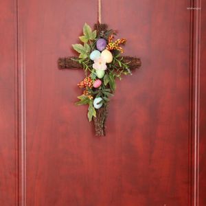 Decorative Flowers Easter Cross Wreath Rattan Hanging Frame Garlands Front Door Simulation With Eggs Party Decoration