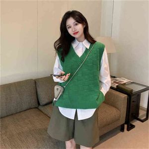 Women's Sweaters Fashion Women Green Knitted Vest 2021 Spring Autumn Korean Outer Sweater Stacking Sleeveless Vest Solid Loose Female Top PZ3931 J220915