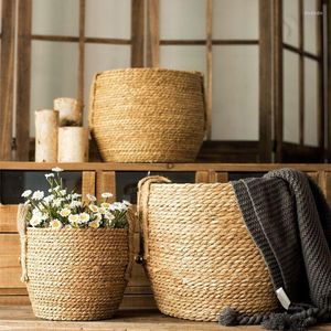 Storage Baskets Handmade Straw Double Handle Basket Clthoes Laundry Wicker Rattan Seagrass Belly Garden Flower Pot Plant