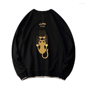 Erkek Hoodies Erkek Sweatshirts Sweater Gençlik Sonbahar Gevşek Yuvarlak Boyun Kedi Yemek Balık Baskı Ceket Tide Marka Uzun Kollu Erkekler Erkek Anime