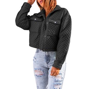Kvinnors bomberjacka med bröstficka vinterfast lapel långärmad zip upp quiltade korta jackor kappa höstkläder för kvinnor 2022