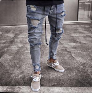 Mäns jeans Men European och American Men's High Street Slim Stretch Locomotive Washed Trousers Ripped Pencil Pantsmen's