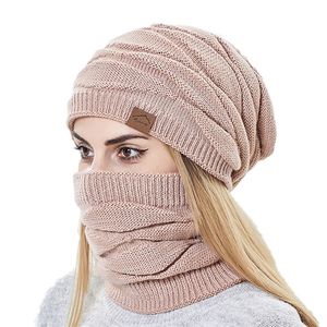 BeanieSkull Caps Winter Beanie Hüte Schal Set Frauen Warme Gestrickte Schädel Kappe Hals Wärmer Verdicken Pelz Gefüttert Dame Maske für 220920