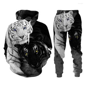 Men's Tracksuits Black And White The Tiger 3D Printed Men's Sweatshirt Hoodies Set Lion Tracksuit/Pullover/Pants Sportswear Autumn