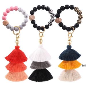 Favor Silicone Beads Bracelet Keychain Three Layer Cotton Tassel Wrist Keyring Wooden Bead Bangle Key Ring Women Bag Pendant Decoration GWE1