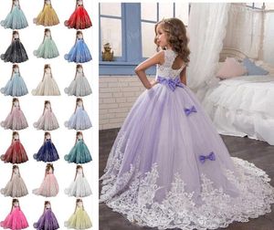 Girl Dresses Little Kids Clothing Lace Applique Full Length Ball Gown Flower Dress Wish Bow Sash For Formal Occasion Party