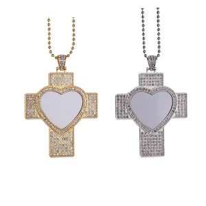 Sublimation Rhinestone Bezel Pendant Trays Blank Crossing Love Heart Necklace With Chain for DIY Craft