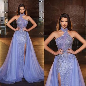 Stylish Halter Mermaid Prom Dresses Side Split Lace Sequined Beading Party Dresses with Overskirts Custom Made Evening Dress
