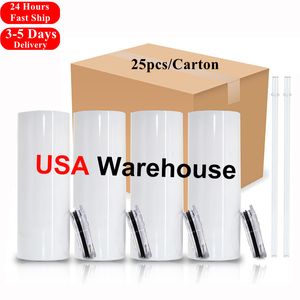 USA Warehouse pc Carton Straight oz Sublimation Tumblers Blanks White Slim Beer Cups Diy Coffee Mugs with Lid and Straw