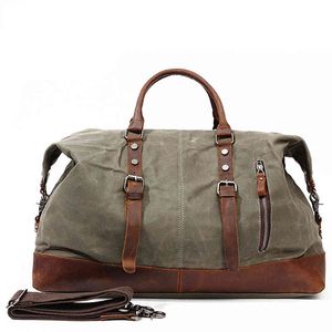 Duffel Bags Classic Waxed Canvas Travel Bag Solid Color Outdoor One Shoulder Bagage Pås förvaringsväska slitage med Crazy Horse Skin 220920