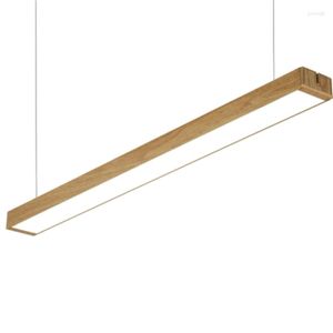 Pendant Lamps Solid Wood Grain Wooden LED Office Chandelier Gym Long Square Universal Cold White Light