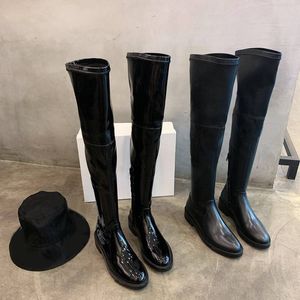 Designer Over Knee Boots Round Toe Flat Black Leather Shoes Premium Autumn/Winter Side Zipper Ladies Boot Pu Brand Motorcykel Läder Boots med låda