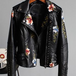 Women's Leather Faux Ly Varey Lin Floral Print Embroidery Soft Jacket Women Pu Motorcycle Coat Female Black Punk Zipper Rivet Outerwear 220924