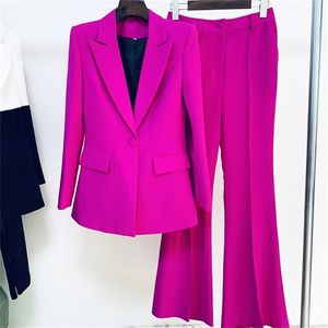 Women's Two Piece Pants Blazer uits Set Office Ladies Women Yellow Purple Business Single Buttons Flared Formal Suit 220919
